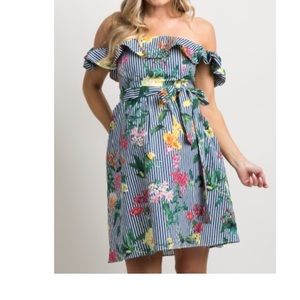 Navy striped floral print maternity dress